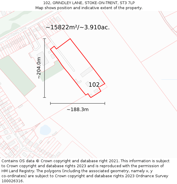 102, GRINDLEY LANE, STOKE-ON-TRENT, ST3 7LP: Plot and title map