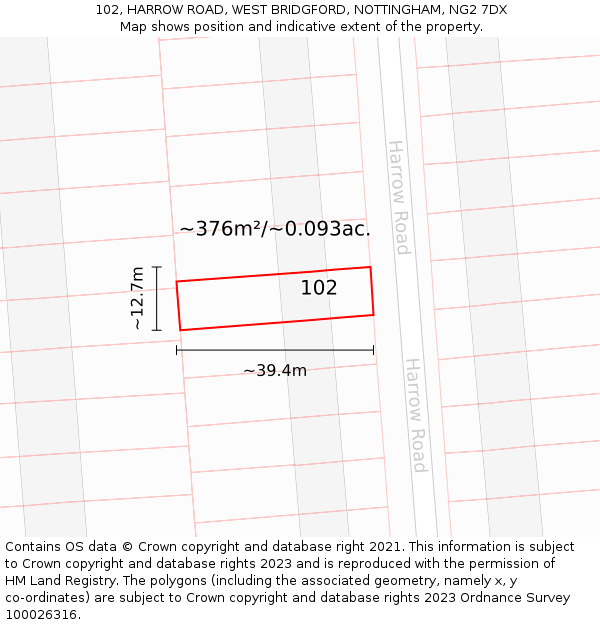 102, HARROW ROAD, WEST BRIDGFORD, NOTTINGHAM, NG2 7DX: Plot and title map