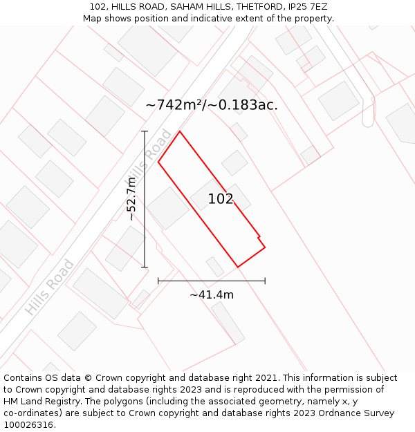 102, HILLS ROAD, SAHAM HILLS, THETFORD, IP25 7EZ: Plot and title map