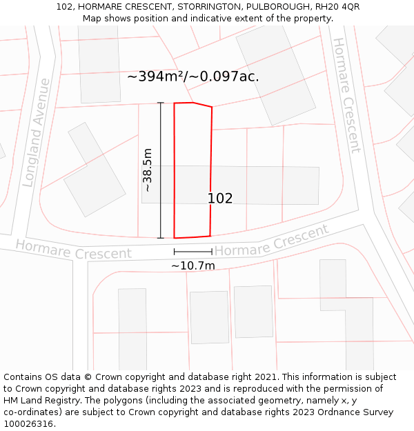 102, HORMARE CRESCENT, STORRINGTON, PULBOROUGH, RH20 4QR: Plot and title map