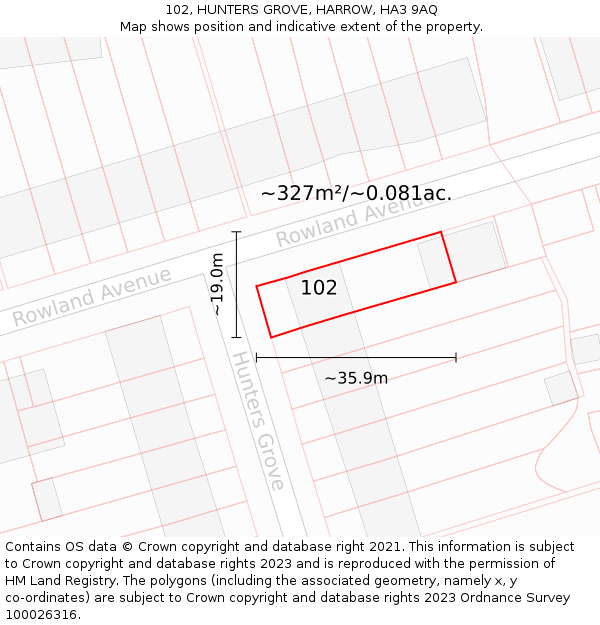 102, HUNTERS GROVE, HARROW, HA3 9AQ: Plot and title map