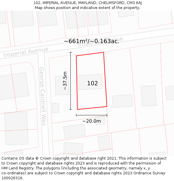 102, IMPERIAL AVENUE, MAYLAND, CHELMSFORD, CM3 6AJ: Plot and title map