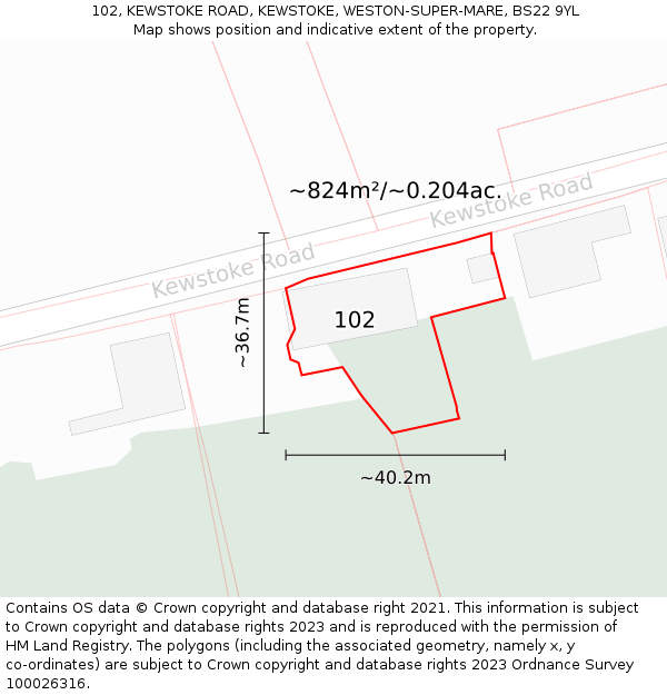 102, KEWSTOKE ROAD, KEWSTOKE, WESTON-SUPER-MARE, BS22 9YL: Plot and title map