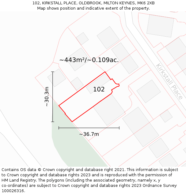 102, KIRKSTALL PLACE, OLDBROOK, MILTON KEYNES, MK6 2XB: Plot and title map