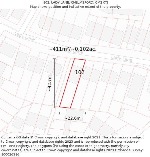 102, LADY LANE, CHELMSFORD, CM2 0TJ: Plot and title map