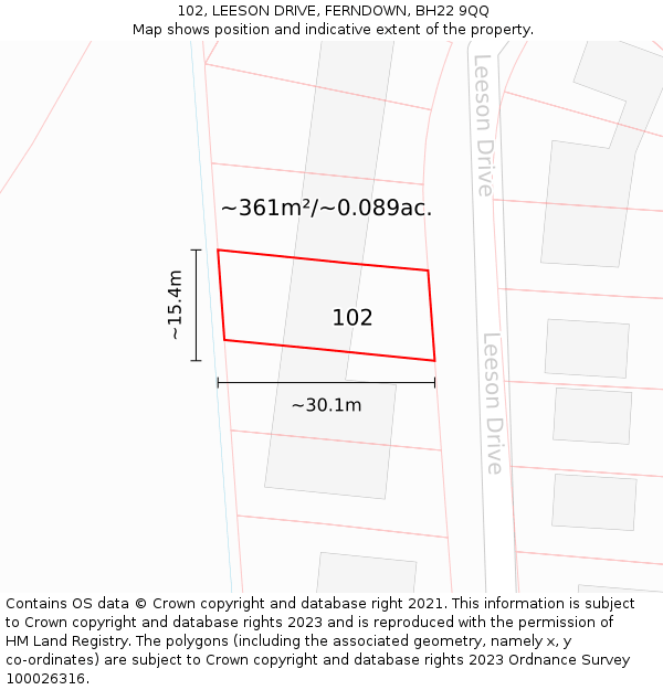 102, LEESON DRIVE, FERNDOWN, BH22 9QQ: Plot and title map