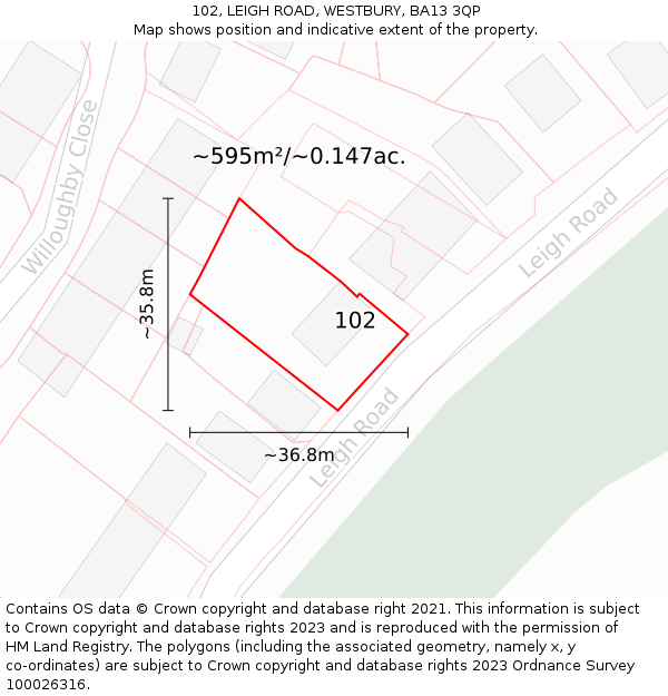 102, LEIGH ROAD, WESTBURY, BA13 3QP: Plot and title map