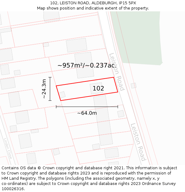 102, LEISTON ROAD, ALDEBURGH, IP15 5PX: Plot and title map