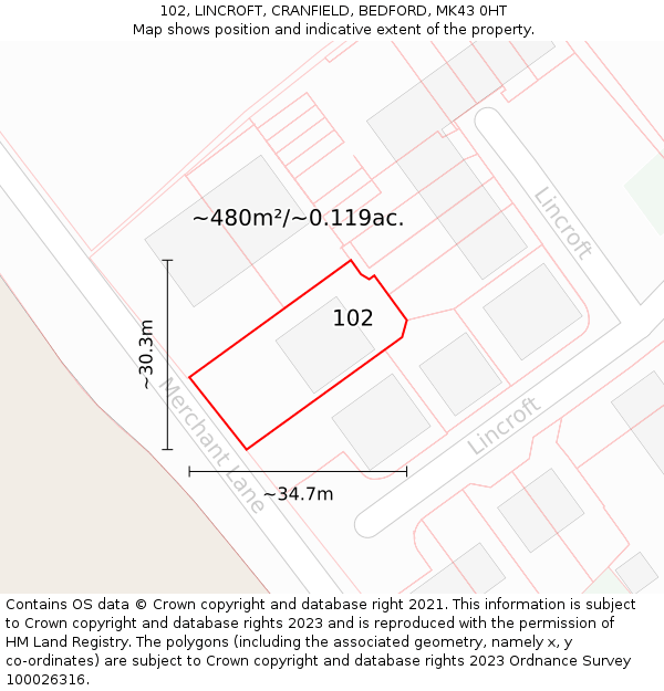 102, LINCROFT, CRANFIELD, BEDFORD, MK43 0HT: Plot and title map