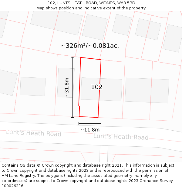 102, LUNTS HEATH ROAD, WIDNES, WA8 5BD: Plot and title map