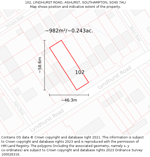 102, LYNDHURST ROAD, ASHURST, SOUTHAMPTON, SO40 7AU: Plot and title map