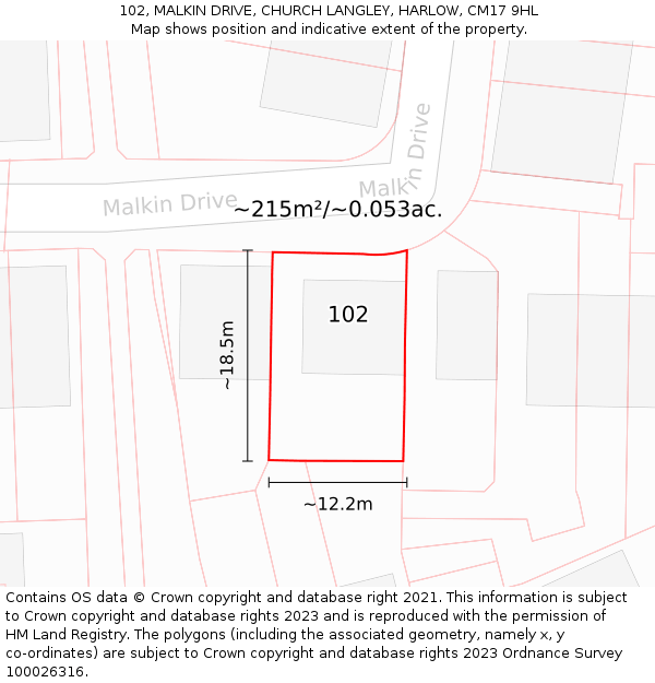 102, MALKIN DRIVE, CHURCH LANGLEY, HARLOW, CM17 9HL: Plot and title map