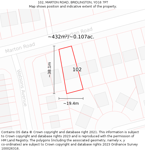 102, MARTON ROAD, BRIDLINGTON, YO16 7PT: Plot and title map