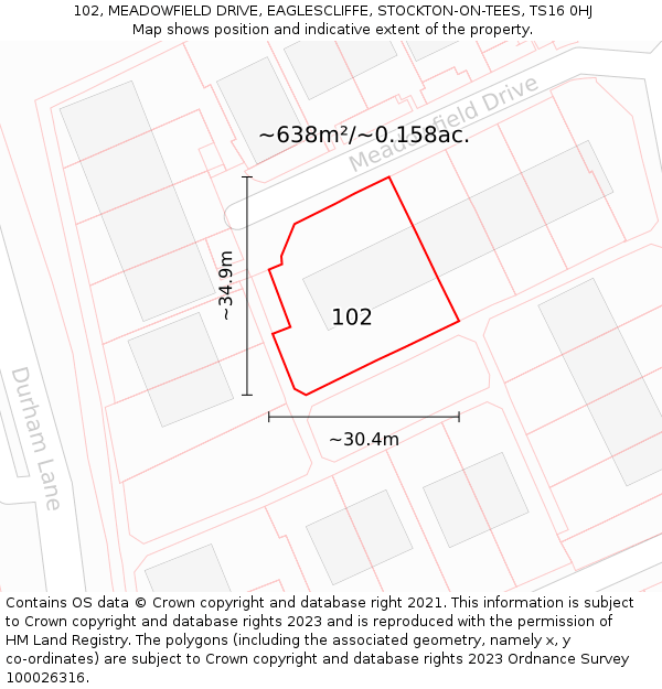 102, MEADOWFIELD DRIVE, EAGLESCLIFFE, STOCKTON-ON-TEES, TS16 0HJ: Plot and title map