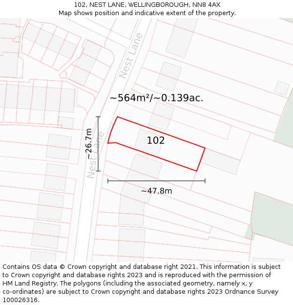 102, NEST LANE, WELLINGBOROUGH, NN8 4AX: Plot and title map