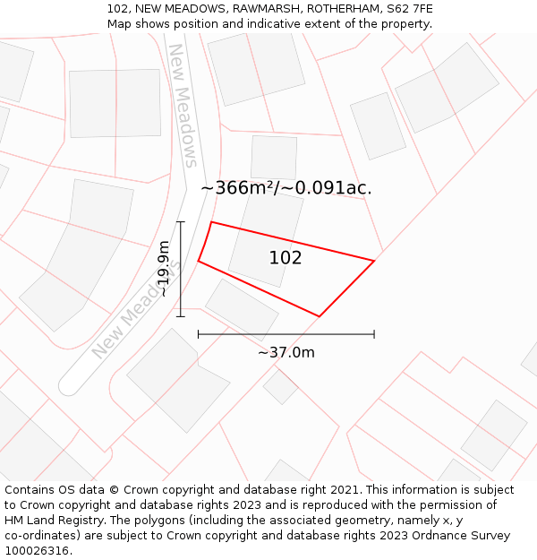 102, NEW MEADOWS, RAWMARSH, ROTHERHAM, S62 7FE: Plot and title map