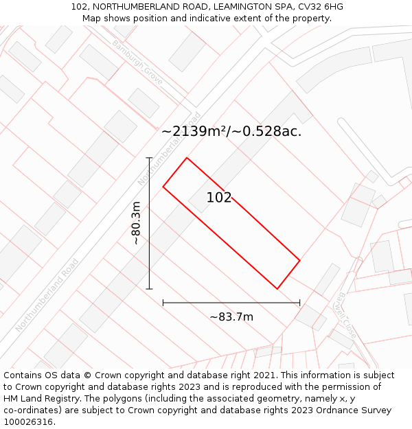 102, NORTHUMBERLAND ROAD, LEAMINGTON SPA, CV32 6HG: Plot and title map