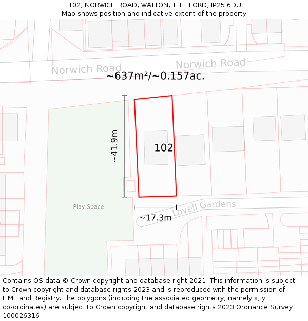 102, NORWICH ROAD, WATTON, THETFORD, IP25 6DU: Plot and title map