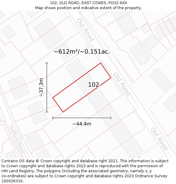 102, OLD ROAD, EAST COWES, PO32 6AX: Plot and title map