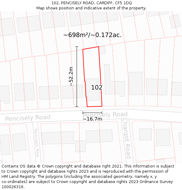 102, PENCISELY ROAD, CARDIFF, CF5 1DQ: Plot and title map