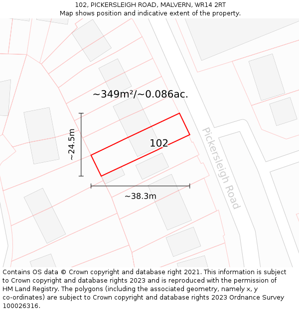 102, PICKERSLEIGH ROAD, MALVERN, WR14 2RT: Plot and title map