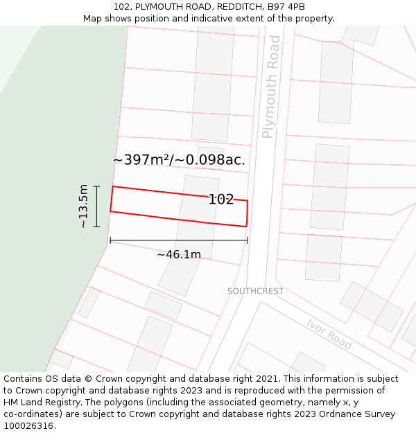 102, PLYMOUTH ROAD, REDDITCH, B97 4PB: Plot and title map