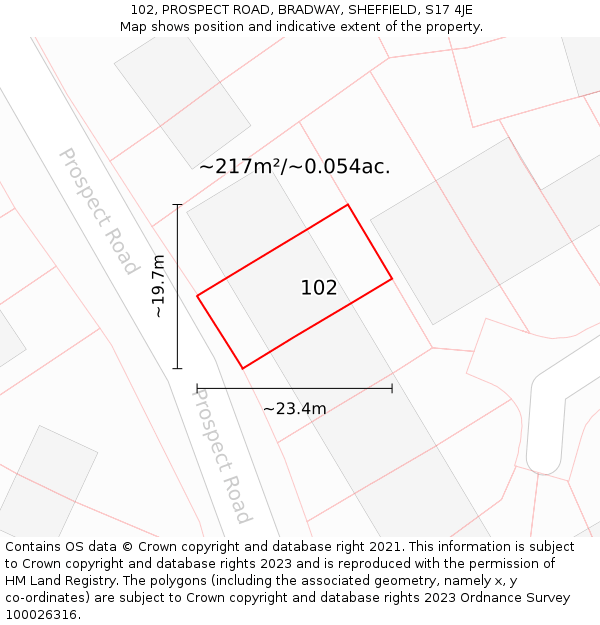 102, PROSPECT ROAD, BRADWAY, SHEFFIELD, S17 4JE: Plot and title map