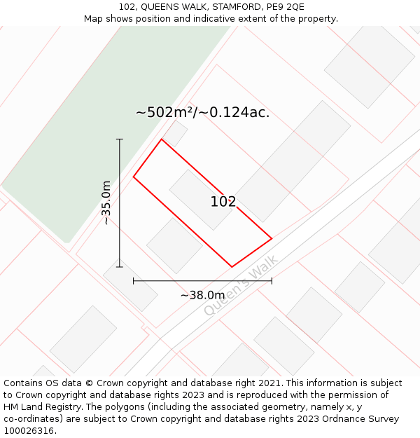 102, QUEENS WALK, STAMFORD, PE9 2QE: Plot and title map