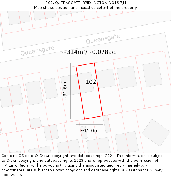 102, QUEENSGATE, BRIDLINGTON, YO16 7JH: Plot and title map