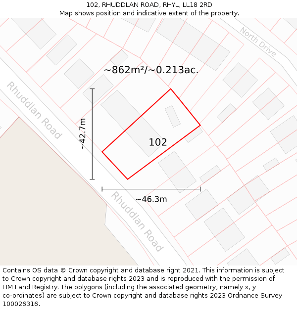 102, RHUDDLAN ROAD, RHYL, LL18 2RD: Plot and title map