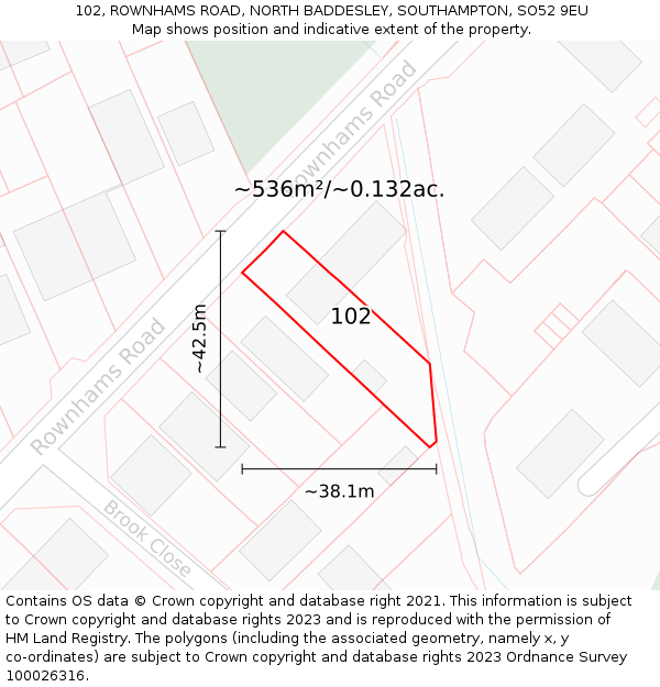 102, ROWNHAMS ROAD, NORTH BADDESLEY, SOUTHAMPTON, SO52 9EU: Plot and title map