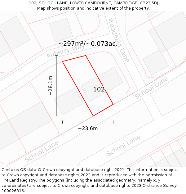 102, SCHOOL LANE, LOWER CAMBOURNE, CAMBRIDGE, CB23 5DJ: Plot and title map