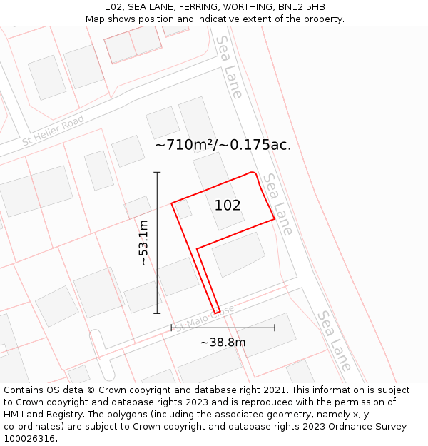 102, SEA LANE, FERRING, WORTHING, BN12 5HB: Plot and title map