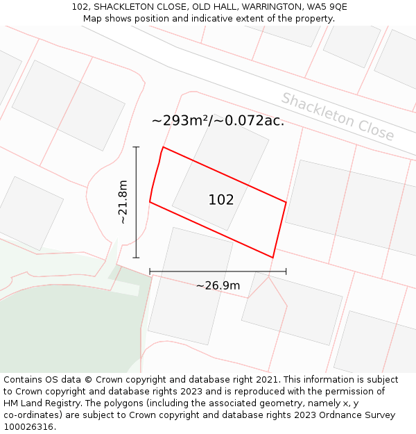 102, SHACKLETON CLOSE, OLD HALL, WARRINGTON, WA5 9QE: Plot and title map