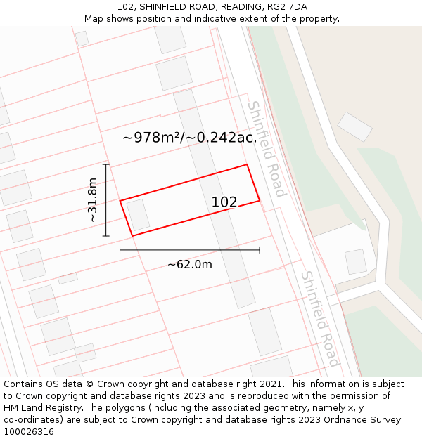 102, SHINFIELD ROAD, READING, RG2 7DA: Plot and title map