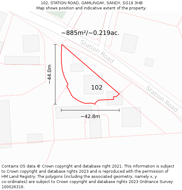 102, STATION ROAD, GAMLINGAY, SANDY, SG19 3HB: Plot and title map