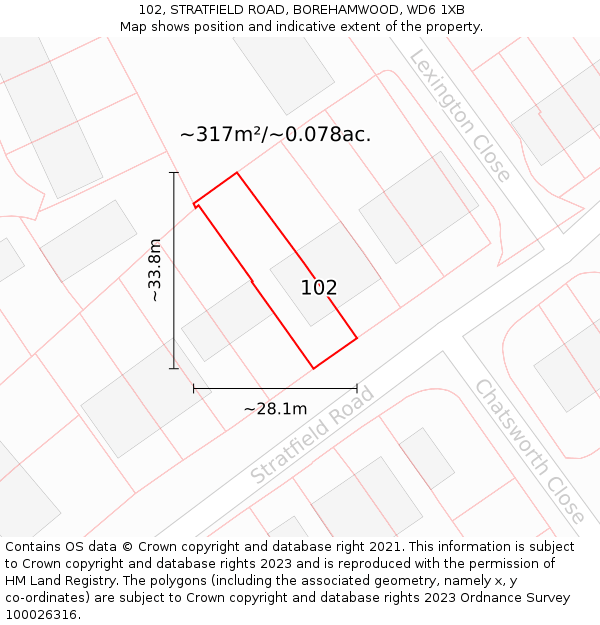 102, STRATFIELD ROAD, BOREHAMWOOD, WD6 1XB: Plot and title map