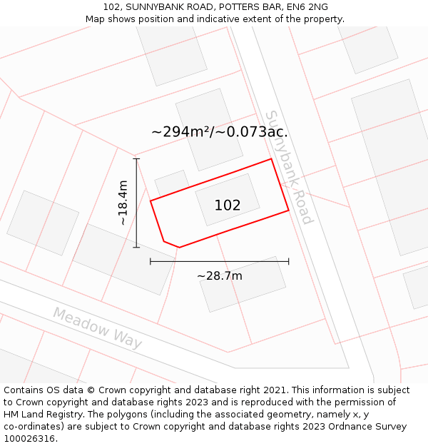 102, SUNNYBANK ROAD, POTTERS BAR, EN6 2NG: Plot and title map