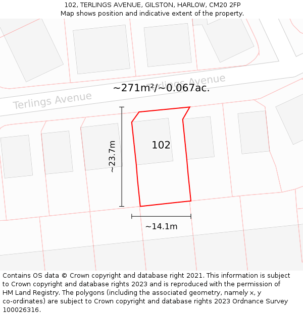 102, TERLINGS AVENUE, GILSTON, HARLOW, CM20 2FP: Plot and title map