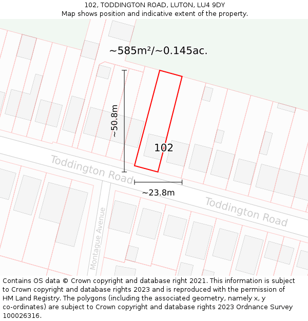 102, TODDINGTON ROAD, LUTON, LU4 9DY: Plot and title map