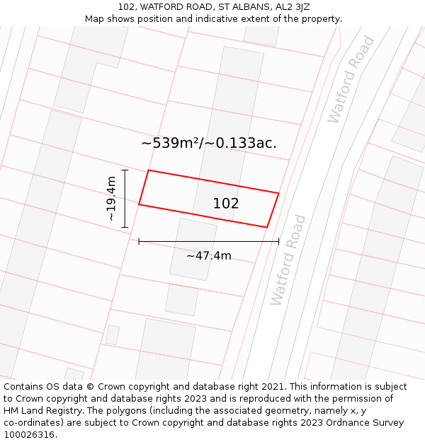 102, WATFORD ROAD, ST ALBANS, AL2 3JZ: Plot and title map