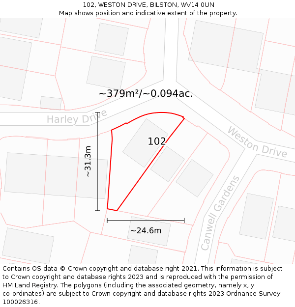 102, WESTON DRIVE, BILSTON, WV14 0UN: Plot and title map