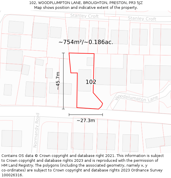 102, WOODPLUMPTON LANE, BROUGHTON, PRESTON, PR3 5JZ: Plot and title map