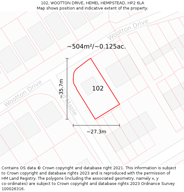 102, WOOTTON DRIVE, HEMEL HEMPSTEAD, HP2 6LA: Plot and title map