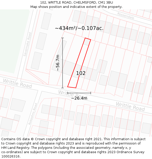 102, WRITTLE ROAD, CHELMSFORD, CM1 3BU: Plot and title map