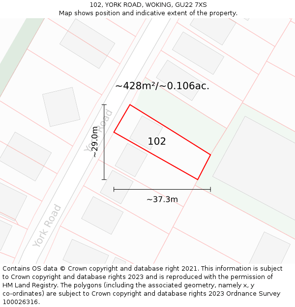 102, YORK ROAD, WOKING, GU22 7XS: Plot and title map