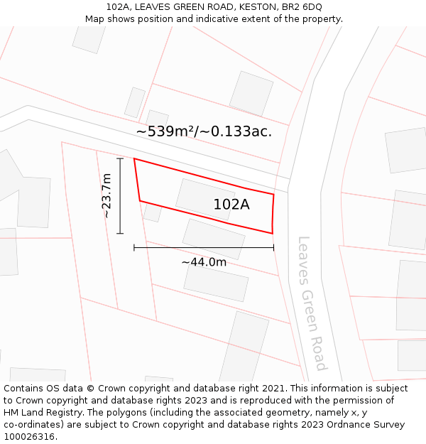 102A, LEAVES GREEN ROAD, KESTON, BR2 6DQ: Plot and title map