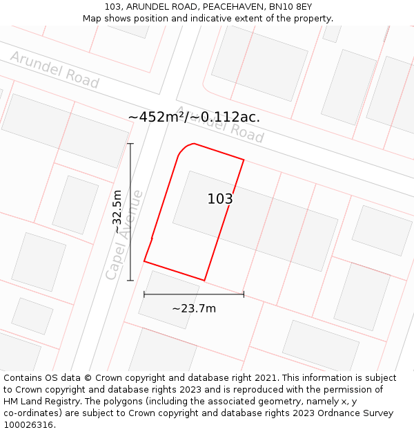 103, ARUNDEL ROAD, PEACEHAVEN, BN10 8EY: Plot and title map