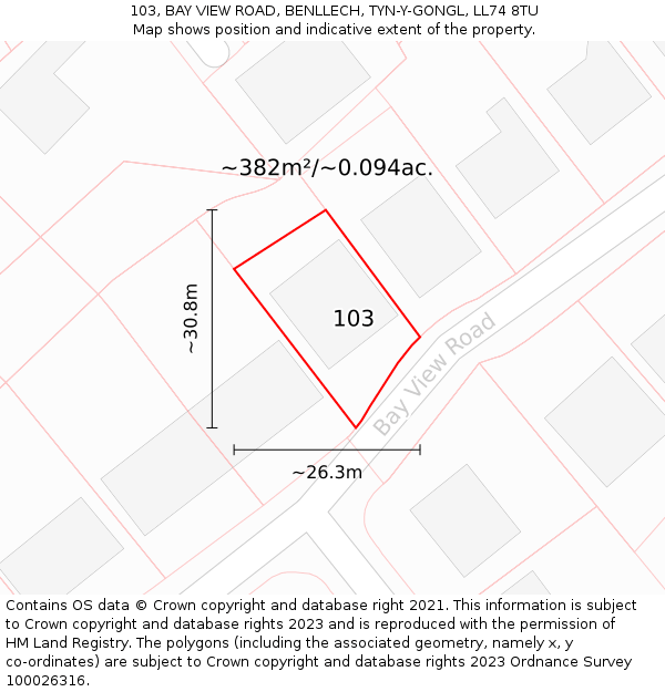 103, BAY VIEW ROAD, BENLLECH, TYN-Y-GONGL, LL74 8TU: Plot and title map