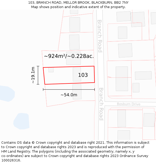 103, BRANCH ROAD, MELLOR BROOK, BLACKBURN, BB2 7NY: Plot and title map